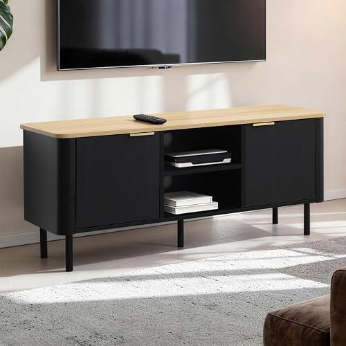Hometopia TV-Lowboard 120 cm, Schwarz mit Holzoptik und Metallbeinen | Modernes TV-Board mit 2 Türen, offenem Fach, Kabeldurchlässen und Kippschutz, 120 × 40 × 52 cm, belastbar bis 105 kg