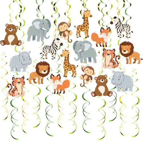 Vsosfiza Safari-Tier Deko: 48-teilige Dschungel-Party Girlanden zum Aufhängen mit Nilpferd, Löwe, Zebra - für Geburtstag, Feiern & Klassenzimmer