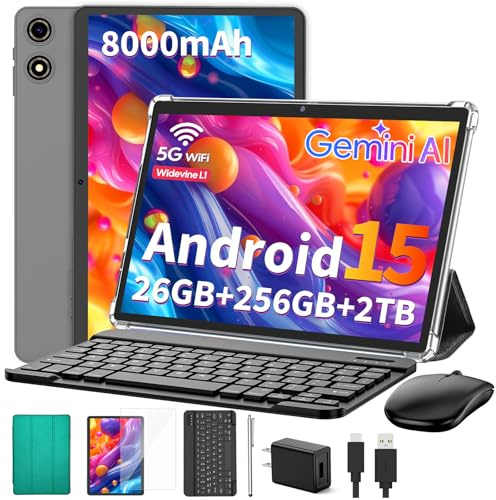 Suicoey Tablette 2026 avec clavier, 26 Go + 256 Go (extension de 2 To), tablettes Android 15 10 avec Octa Core, Gemini AI, 5G WiFi, 8000 mAh, BT 5.0, tablette AI 2 en 1 avec étui, souris, stylet