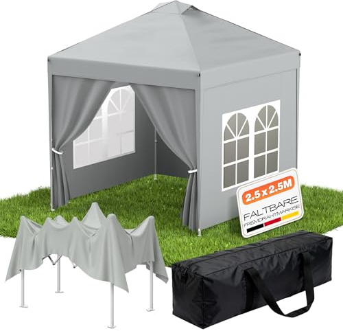 Huracan Pavillon 2.5x2.5m, Faltpavillon Wasserdicht Stabil Winterfest, Faltbar Partyzelt mit Seitenteilen, Pop up Gartenpavillon Stahlrahmen UV Schutz, Höhenverstellbar für Strand Hochzeit, Grau