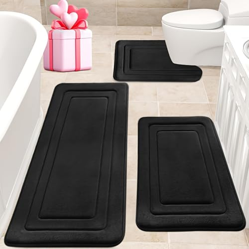 Swsen Schwarz Badematten Set 3-teilig – rutschfest & Waschbar Badteppich Set aus Coral Fleece, Weiche Hochflor Badezimmermatten für Dusche, Badewanne & WC-Vorleger mit Ausschnitt