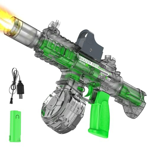 IERAKOR Elektrische Wasserpistole mit LED-Feuereffekt und Visier, Grau | 8 m Reichweite, Durchsichtig, Automatisch, Wasserspritzpistole für Kinder und Erwachsene, Pool und Garten