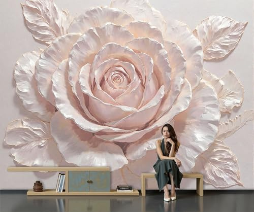 JEDTAKCT 3D Romantic Rose Relief Background Wall Mural - 450X315Cm Luxurious Flowers Photo Wallpaper for Bedroom Living Room Playroom Teen Room, 3D Panoramic Custom Wallpaper Wall Art, Pink