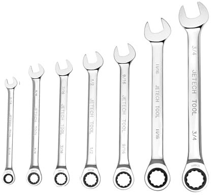 Jetech 7pc Ratcheting Combination Spanner Set - SAE Inches - Industrial Grade Cr-V Steel Gear Wrench in Polished Chrome Finish