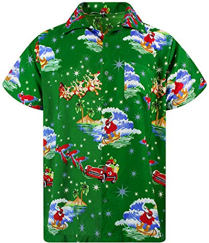 King Kameha Funky-Hawaii-Hemd, Weihnachten, Herren, Kurzarm, Christmas-Surf-Santa, Grün, 3XL