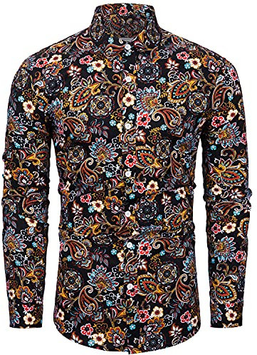 fohemr Mens Paisley Cotton Long Sleeve Shirt Floral Print Casual Retro Button Down Shirt Black Paisley Print Small