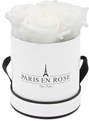 PARIS EN ROSE Rosenbox | mit 4 weißen Infinity Rosen Größe XL | konservierte ewige Rose | runde Weiß-Schwarze Box |3 Jahre haltbar | Grußkarte