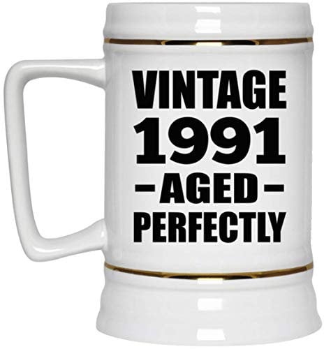 Designsify Gifts, 33rd Birthday Vintage 1991 Aged Perfectly, 22oz Beer Stein Ceramic Tankard Mug with Handle for Freezer, for Anniversary Mothers Day Fathers Day Parents Day Party, to Men Women Him