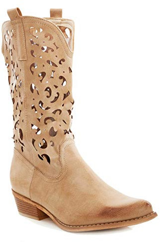 Toocool Scarpe Donna Stivali Stivaletti Texani camperos Western Traforati G629 [36,Beige]