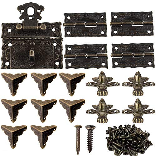 Cierre de Caja Cerradura Vintage Decorativo Antiguo, 4 Bisagra de Bronce, 8 Protecciones de la esquina, 4 pcs Pies de Vintage para Caja de Joyería Pequeña Gabinete Retro