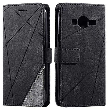 SONWO Hülle für Samsung Galaxy J3 2015 / Galaxy J3 2016, Premium Leder PU Handyhülle Flip Case Wallet Silikon Bumper Schutzhülle Klapphülle für Galaxy J3 2015 / Galaxy J3 2016, Schwarz