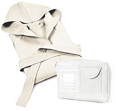 Banzaii Peignoir pour Homme et Femme 100% Microfibre à Capuche – Peignoir Unisexe avec Sac Résistant pour gagner de la place - Taille M Lait