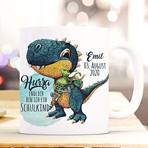 Tasse Becher zum Schulanfang Schulstart Dino T-Rex Schultüte Spruch Hurra endlich Schulkind mit Wunschname + Jahr der Einschulung ts2022 - ausgewählte Größe: *02. Kaffeetasse*