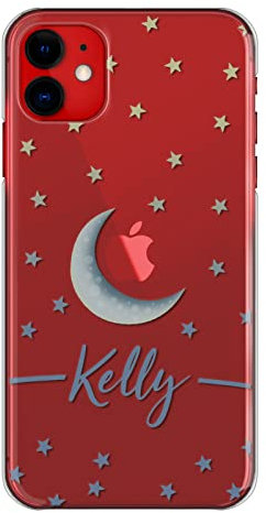 Personalised Phone Case For Apple iPhones, 14, 13, 12, 11, Pro Max, Mini, XR, XS, Yellow and Grey Moon Star Design Print with Grey Name/Initials on Clear Case, Hard Cover