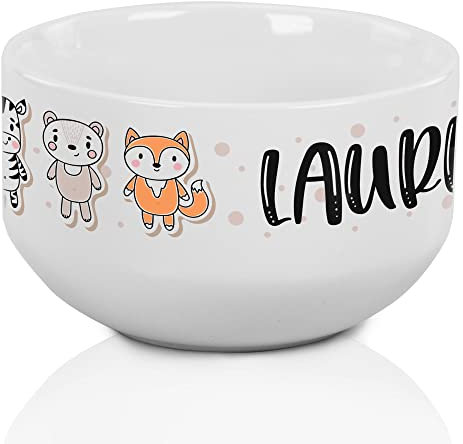 GRAZDesign Müslischale personalisiert mit Name, Kinder Schüssel als Geschenk für Mädchen und Jungen, spülmaschinengeeignet, Frühstücksschüssel Keramik Motiv Süße Tiere