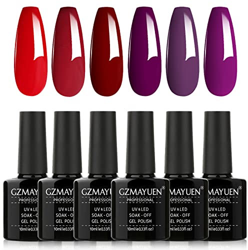 GZMAYUEN Smalto Semipermanente Unghie Rosso e Viola Kit Semipermanente per Unghie 10ml Rosso Scuro Smalti Gel Viola Scuro Colori Gel Unghie Smalto Gel Unghie UV 6Pcs