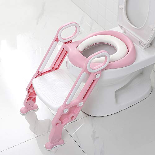 XUANYU Faltbares Toilettentrainer Toilettensitz Kinder mit Treppe Höhenverstellbar Toilettenaufsatz WC Sitz Kinder mit Weichem Kissen und Sicherheitsgriff von 1-7 Jahren (Rosa-weiß)