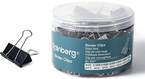 Rainberg Binder Clips, 100pcs Assorted Size Foldback Metal Binder Paper Clamps for Paperwork, Extra Small Medium Large 6 Sizes - 51mm, 41mm, 32mm, 25mm, 19mm, 15mm. (Black)
