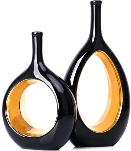 Schwarz Gold Keramik Vase Satz von 2 für Moderne Home Decor,Runde Matte Vasen für Pampasgras, Neutral Boho Nordic Minimalismus Stil Blumenvasen,Zimmer Deko für Geschenk