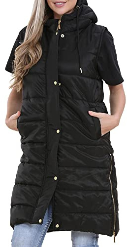 A2Z Ladies Hooded Quilted Long Gilet Padded Sleeveless Jacket | Longline Zip Fastening Side Pockets Lightweight Winter Outerwear