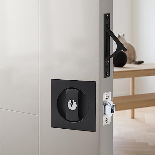 Hoconnie Keyed Pocket Door Lock with Edge Pull Privacy Handle - Square Sliding Door Lock, Invisible Recessed Handle, 66mm Black