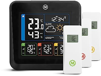 Marathon London - Station météo multi-zone, 3 sondes thermo-hygromètres, écran couleur design,rétro-éclairage réglable,horloge radio-pilotée, pression atmosphérique, alarme intégrée
