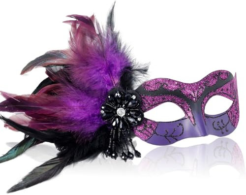 MYSEUNI 2025 Neue Maskerade-Masken für Damen, lila – Karnevalsmaske für Frauen mit Federn – venezianische Maske für Maskerade-Party, Halloween-Ball, Cosplay, Abschlussball, Weihnachten