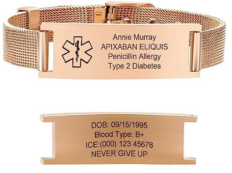 PJ JEWELLERY Personalised Medical Alert Bracelet Women - Customised Rose Gold Medical Identification Emergency SOS Bracelet Women's,Free Engraved Mesh Wire Belt Buckle Medical ID Bracelets,Adjustable