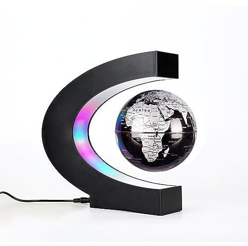 Magnetic Levitating Globe with LED Light, Cool Tech Birthday Gift for Men Fathers Boys Boyfriend Floating Balloons Wireless Lighting with C Shaped Base Computer Decor for Home Bedroom Office Black