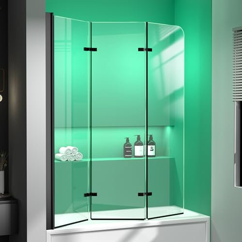 GETPRO Bathtub Shower Door Semi-Frameless Foldable Hinged Bath Tub Glass Door Screen for Shower with Tempered Coating Glass Panel Matte Black Size 51 W x 59 H