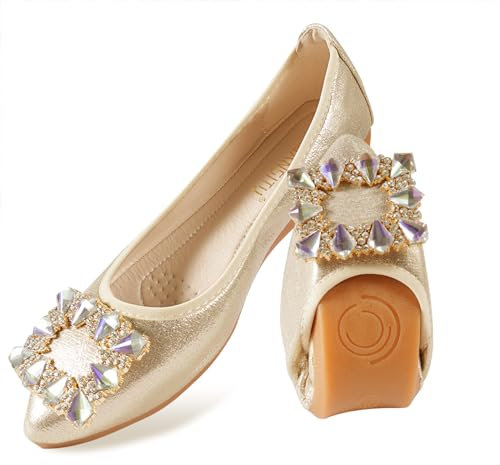 MACHSWON Zapatos planos de ballet para mujer, con diamantes de imitación brillantes, plegables, portátiles, cómodos, sin cordones, zapatos planos para caminar, dorado 1, 36.5 EU