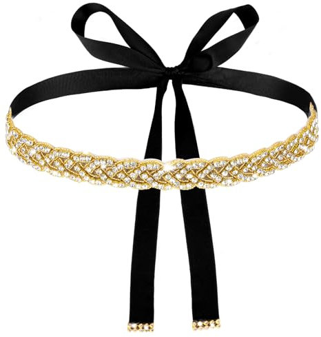 Andibro Handmade Strass Brautgürtel, Gold Brautkleid Schärpe Trim Kristallgürtel mit Bändern für Brautkleider (schwarz)