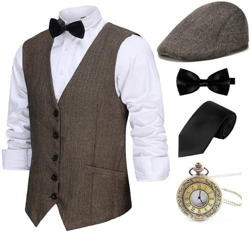 Gionforsy 20er Jahre Herren Wollartige Weste Kostüm Zubehör Set mit Hut | Weste Fliege Krawatte Taschenuhr Gangster Accessoires Set für Gatsby Motto Party Halloween Karneval Fasching (Kaffee, XXL)