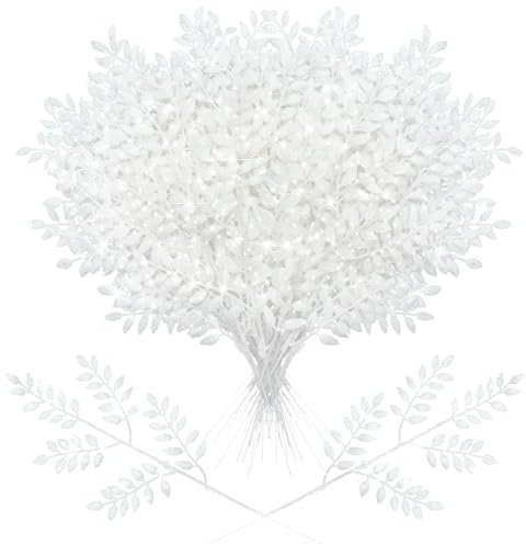 Zeyune 100 Stück 37,8 cm Glitzer Künstliche Weihnachtsspieße Shinny Leaf Spray Weihnachtsbaum Picks und Sprays Floral Picks für Xmas Winter Kranz Vase Füllstoffe DIY Blumenarrangements (buntes weiß)