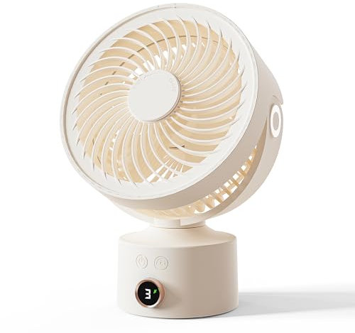CARONSORT Ventilador de escritorio pequeño, oscilante de 120° para interiores, ventilador personal recargable de 4000 mAh, funciona con pilas, con pantalla digital, ventilador USB con 3 velocidades