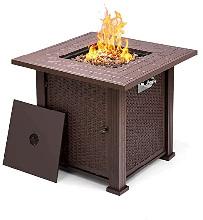 Outdoor Gas Fire Pit Table 28 Inch 50,000 BTU Square Outdoor Propane Fire Pit Table with Lid and Blue Fire Glass
