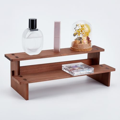 NBEADS 2-Tier Wooden Display Riser Shelf, 29.6x11.9x9.6cm Camel Tabletop Small Food Stand Risers Display Makeup Step Perfume Organizer for Fragrance Cosmetics Figure Collection