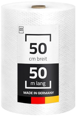 LOGIC PACK Luftpolsterfolie Rolle 50m x 50cm, 50my 2-lagig - Bubble Wrap Verpackungsmaterial für Umzug, Versand, Verpackung, Premium Starke Noppenfolie Polstermaterial 100% recycelbar LPF Rolle