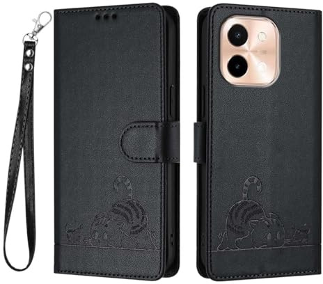 GOKEN Hülle für Vivo Y28 4G, Stoßfeste Handyhülle aus Synthetik Leder, Klapp Schutzhülle mit Kartenfach, Ständer & Magnetverschluss, Wallet Design, Cover Case -Schwarz