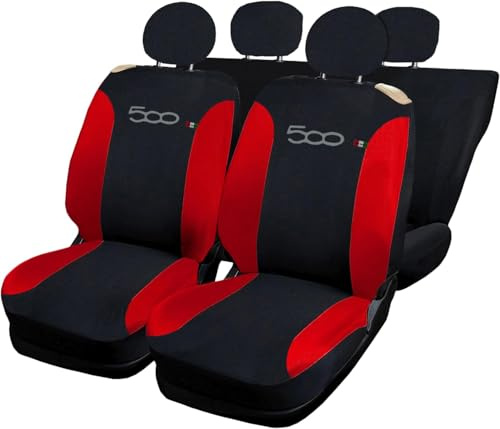 Rebeca Shop® Autositzbezüge, kompatibel mit Cinquecento 500, hergestellt in Italien, Polyester-Baumwollgewebe, Set vorne und hinten (schwarz/rot, hinten komplett mit Logo)