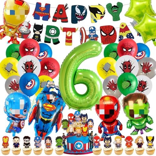 Geburtstagsdeko kingder 6 jahre, 3D Super Luftballon Kindergeburtstag Deko Geburtstag Happy Birthday Banner Latexballons Folienballon Junge für 6 Themen Kinderpartys Geburtstags