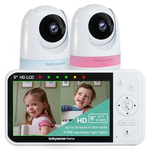 Babysense Prisma Babyphone Vidéo HD 5 avec 2 Caméras et Audio, Veilleuse 6 Couleurs, Écran Partagé, Machine de Son pour Bébé avec Bruit Blanc et Berceuses, Connexion sans Wi-FI Sécurisée