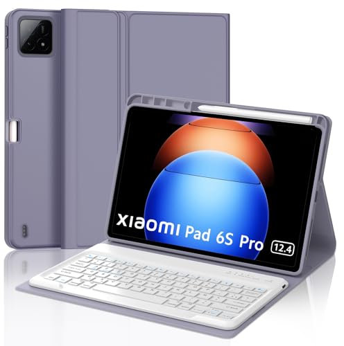 Clavier pour Xiaomi Pad 6s Pro 12.4 2024, Coque pour Xiaomi Pad 6s Pro avec Clavier, AZERTY Français Clavier Bluetooth Magnétique Détachable avec Fente pour Stylo pour Xiaomi Pad 6s Pro, Violet