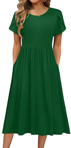 Hotouch Sommerkleid Damen Strandkleid Einfarbig Midikleid Freizeitkleid Rundhals Kurzarm Shirt Kleid mit Tasche Sommer Elegant Blusenkleid Grün XXL