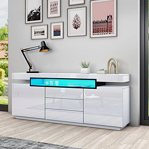 Komtopod 160cm Sideboard for Living Room Kitchen Cupboard Storage Cabinet High Gloss with 2 Doors 3 Drawers and LED Lighting TV Stand Unit Furniture Home Units White