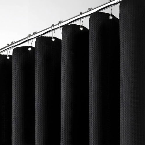 BTTN Rideau de Douche gaufré 120x200 cm, Étroit, Anti-moisissure et imperméable, Tissu résistant, 8 Crochets Inclus, Moderne et Luxueux, Lavable, Polyester décoratif pour Salle de Bain, Noir