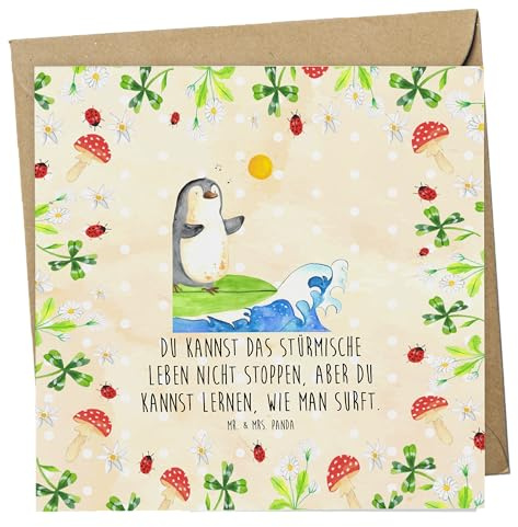 Mr. & Mrs. Panda Grußkarte Pinguin Surfer - Geschenk, faltkarte, Klappkarte, Lebensweisheit, Portugal, Glückwunschkarte, Optimistisch, Urlaub, doppelkarte, Wellen, anlasskarte, Motiviert