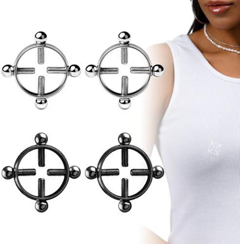 Faux piercing teton, Faux piercing, Faux Piercing Teton en Acier Inoxydable et Noir - Lot de 4 Bijoux Mamelon sans Piercing - Idéal pour Femme