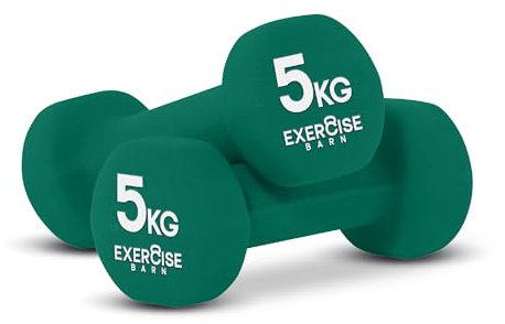 Neoprene Weights Dumbbells Set Men and Women Thick Coating | 2KG 3KG 4KG 5KG 6KG | Cast Iron Dumbells Set Singles | Home Weights Set | Free Weights | Green | Exercise Barn | (D: 2 x 5KG, PAIR)