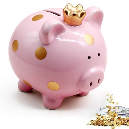 Sparschwein Kinder, Glücksschwein Spardose für Mädchen, Keramik Sparschwein Kleine 11.8x14x13.2cm, Prinzessin Kronen-Sparbüchse für Jungen Mädchen Erwachsene Geschenkidee Dekoration(Rosa)